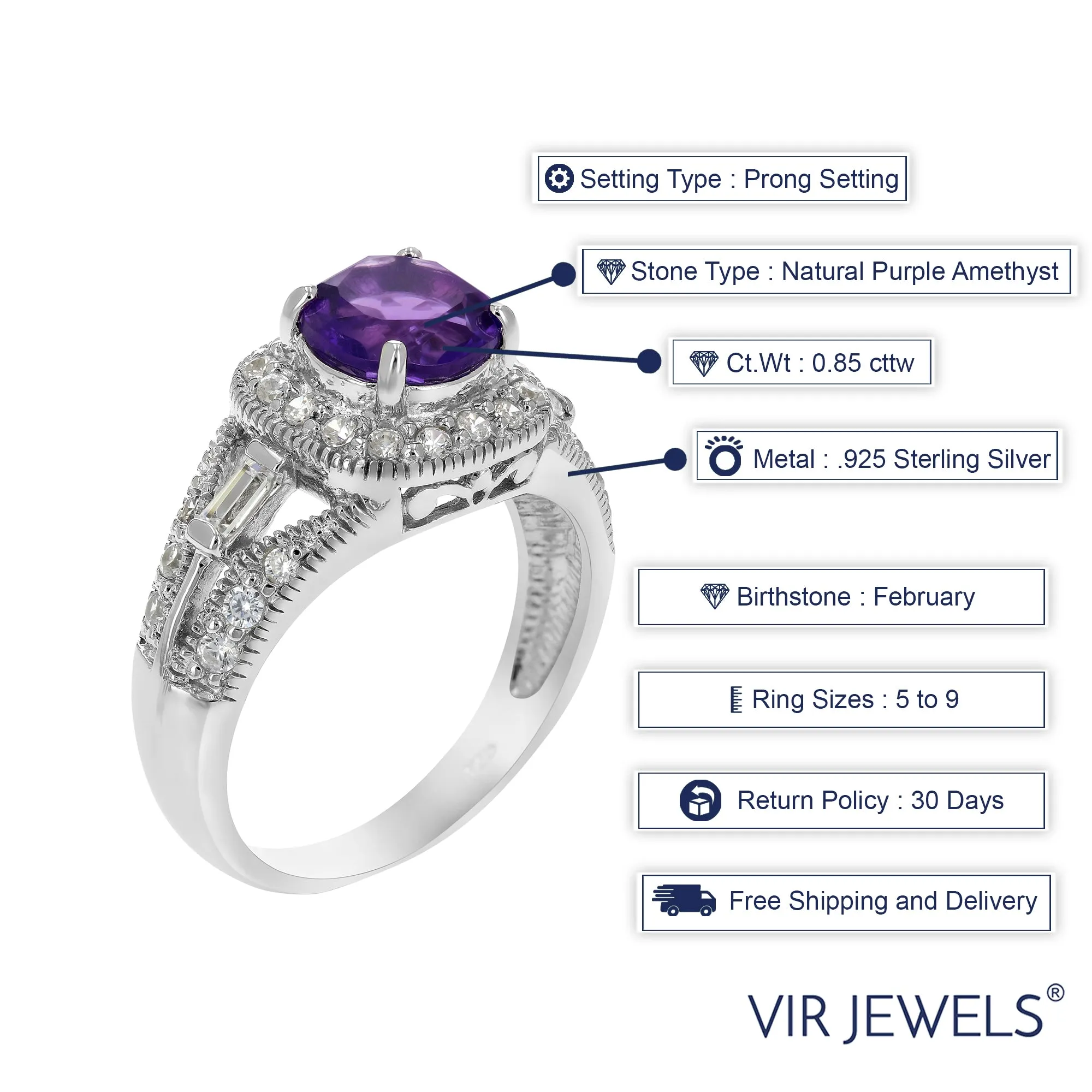 0.85 cttw Purple Amethyst Ring .925 Sterling Silver with Rhodium Round 7 MM