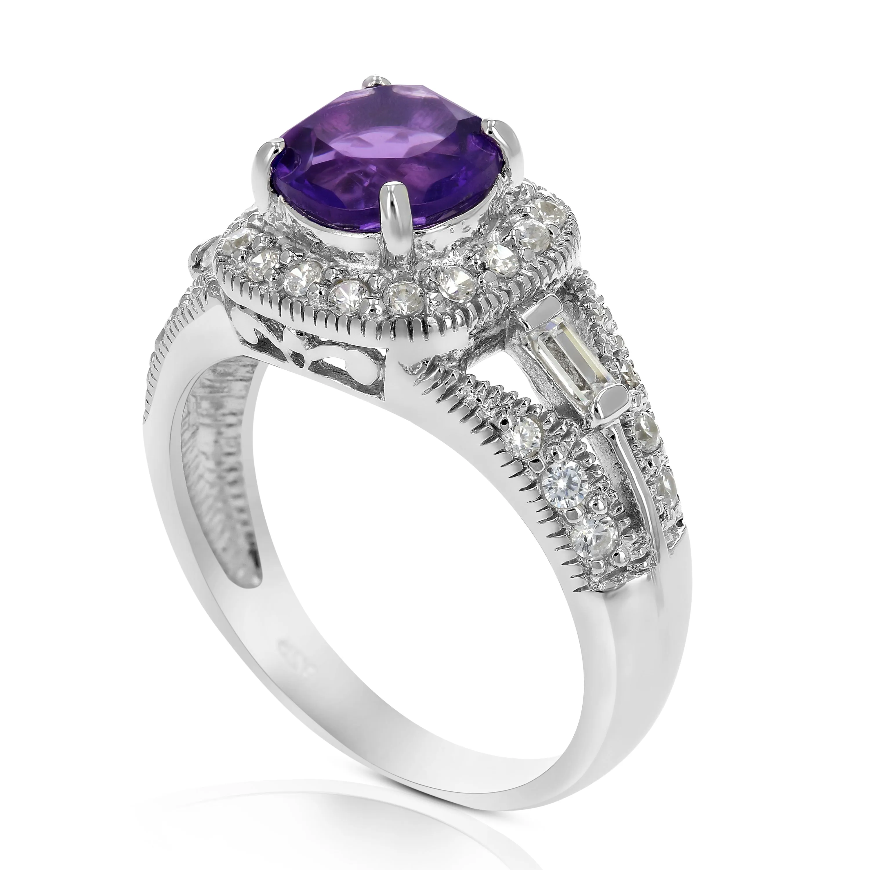 0.85 cttw Purple Amethyst Ring .925 Sterling Silver with Rhodium Round 7 MM