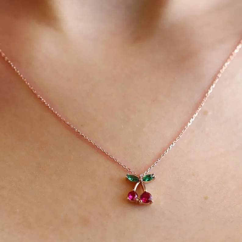 14K Gold Cherry Necklace Tiny Cherry Necklace Valentine's Day Gift Birthday Gift For Women