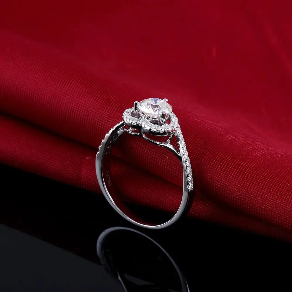 14k White Gold Heart Shaped Halo Moissanite Ring 1ct Center Stone