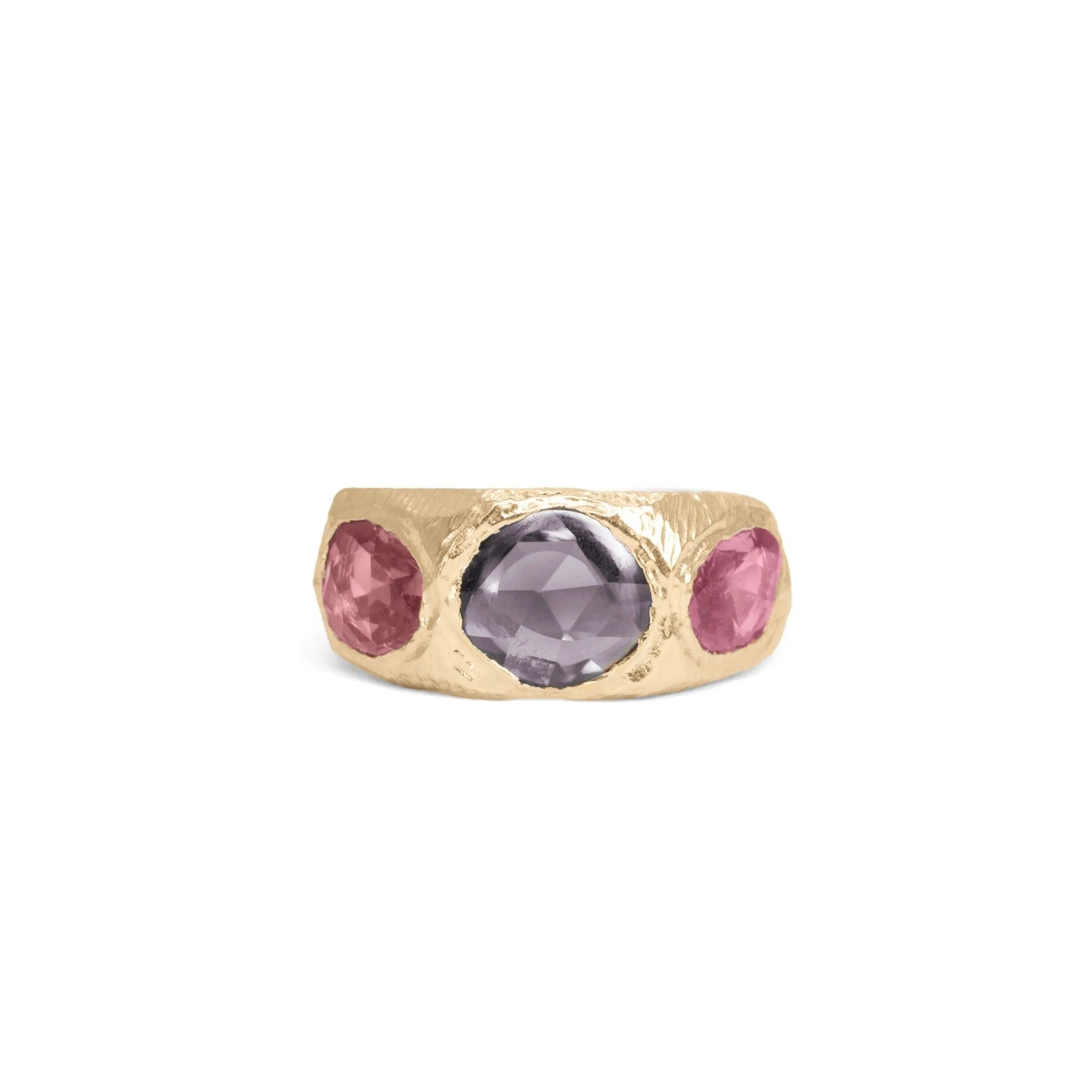 18K Three Stone Ring in Purple and Pink Sapphires