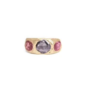 18K Three Stone Ring in Purple and Pink Sapphires