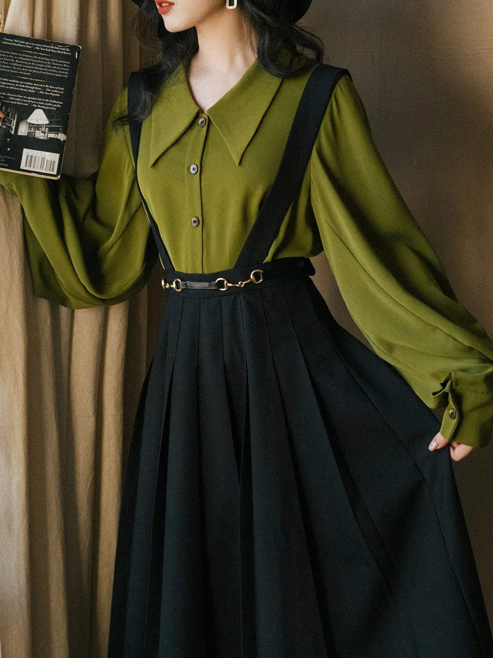 2PS Dark Green Shirt And Black Swing Strap Dress 1950S Dresss Set