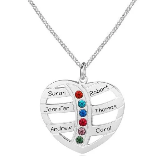 6 Birthstone Silver Heart Mother's Necklace 6 Engraved Names