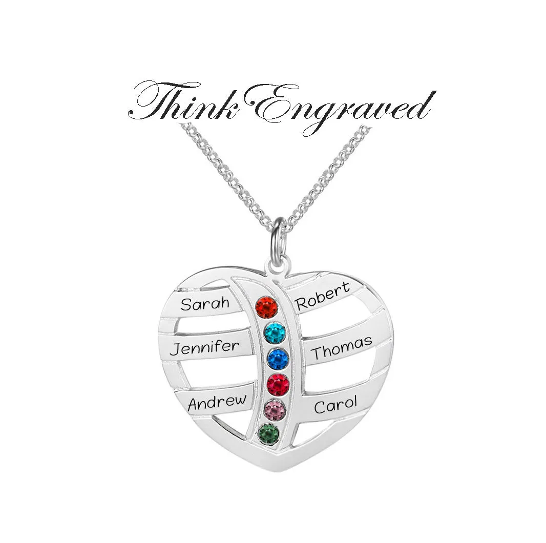 6 Birthstone Silver Heart Mother's Necklace 6 Engraved Names