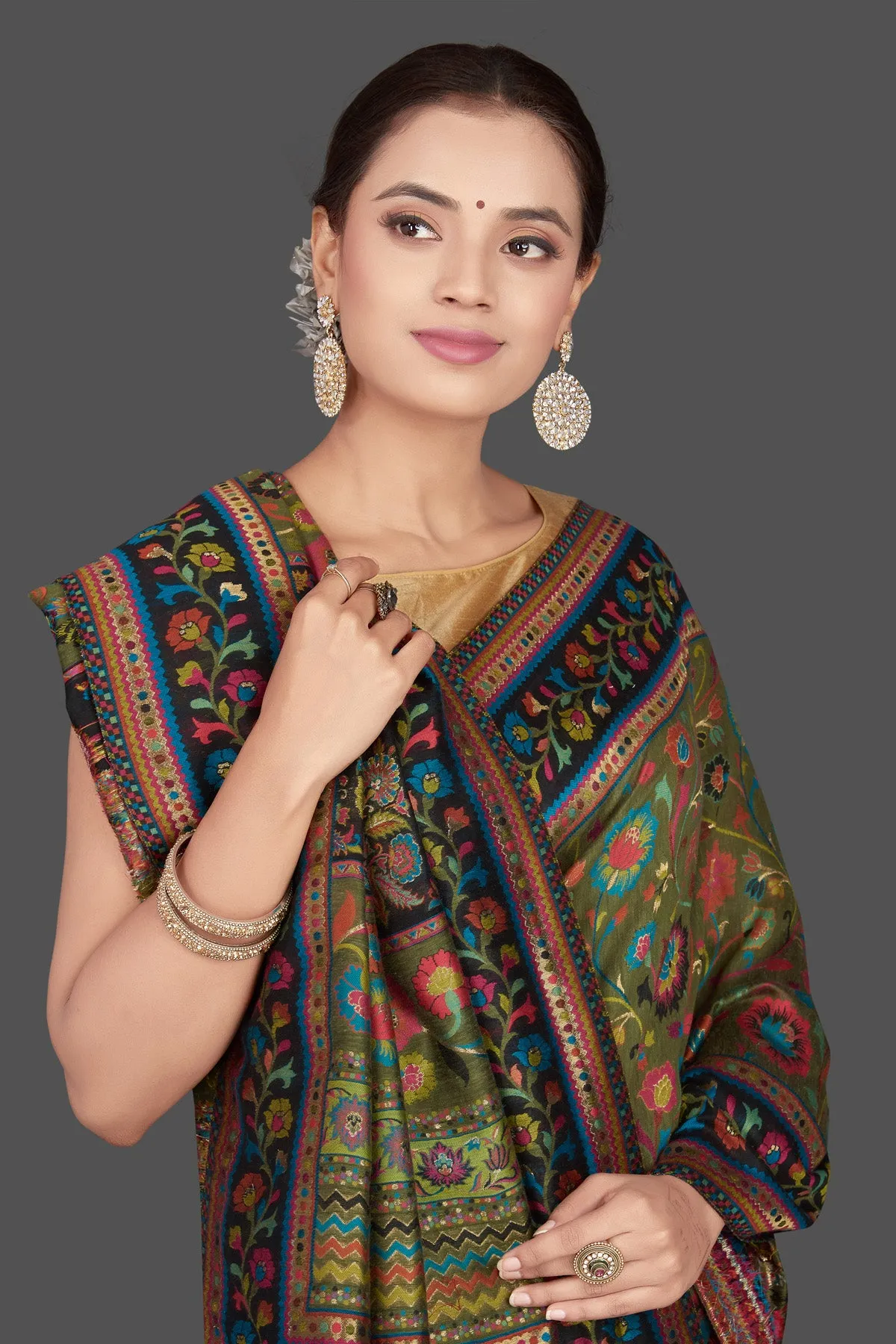 90K588-RO Olive Green Silk Saree with Kani Embroidery