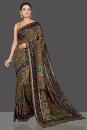 90K588-RO Olive Green Silk Saree with Kani Embroidery