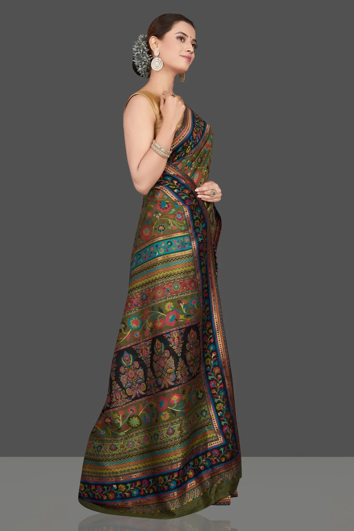 90K588-RO Olive Green Silk Saree with Kani Embroidery