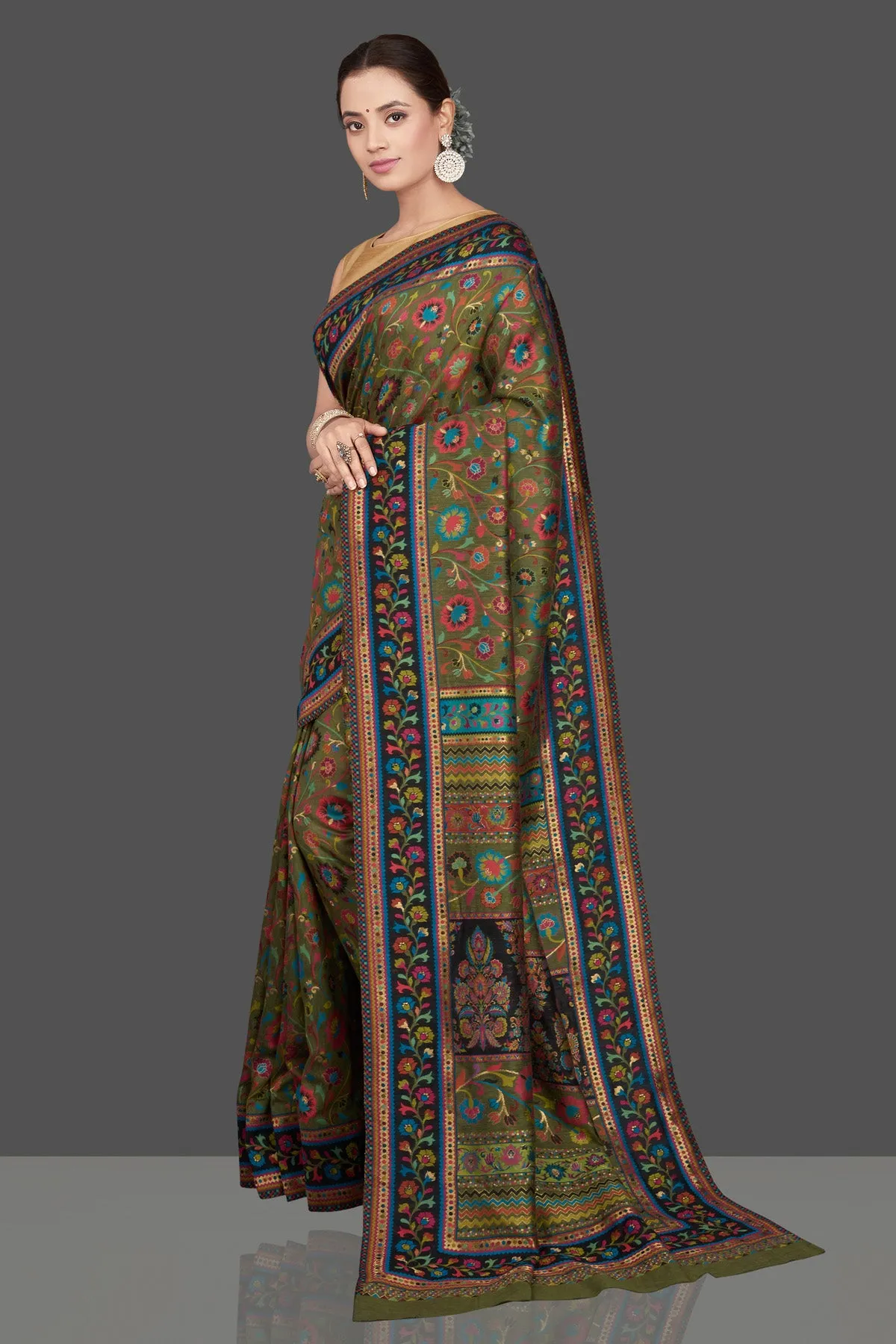 90K588-RO Olive Green Silk Saree with Kani Embroidery