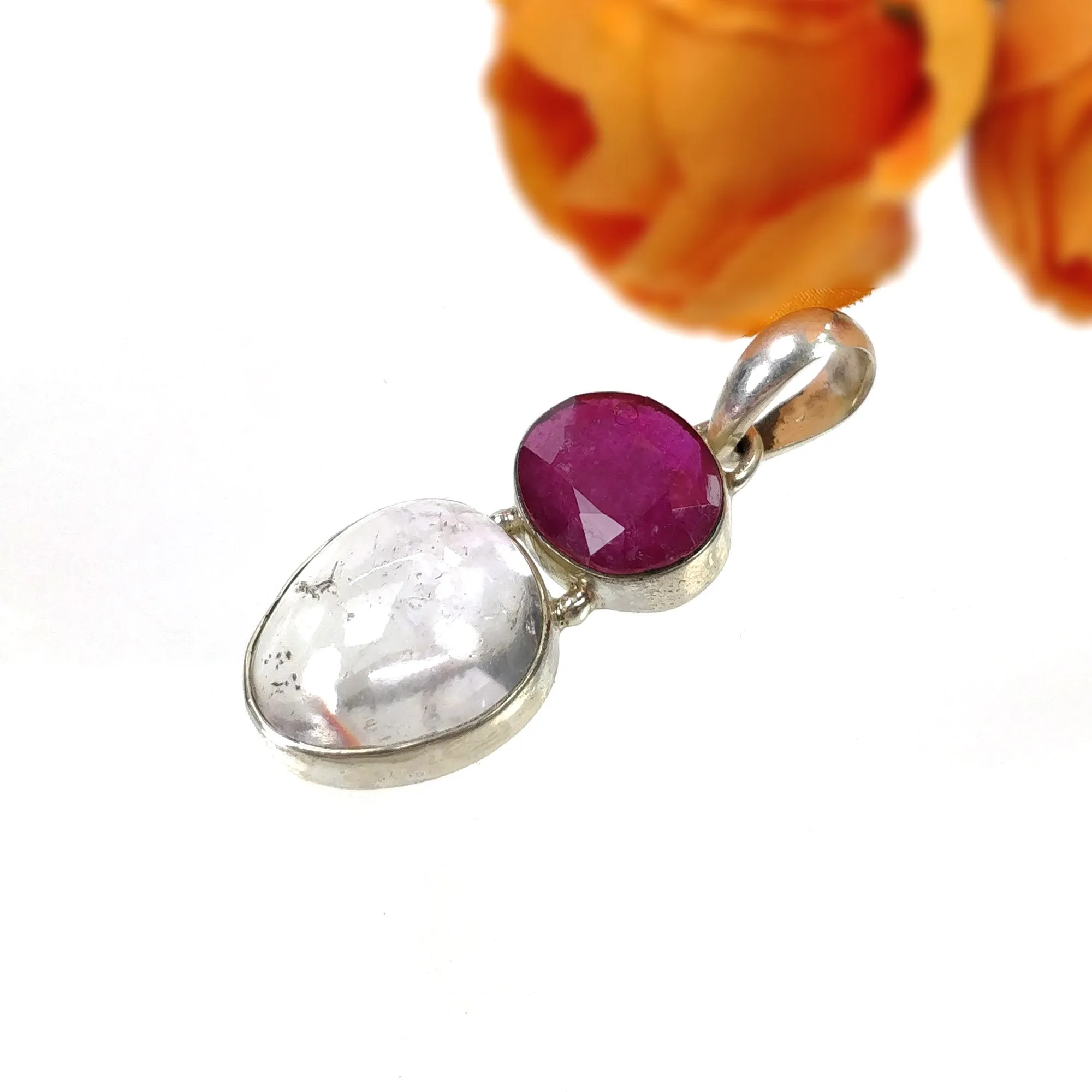 925 Sterling Silver PENDANT : Natural Amethyst & Glass Filled RED RUBY Gemstones Cabochon And Faceted Bezel Set Pendant 1.65"