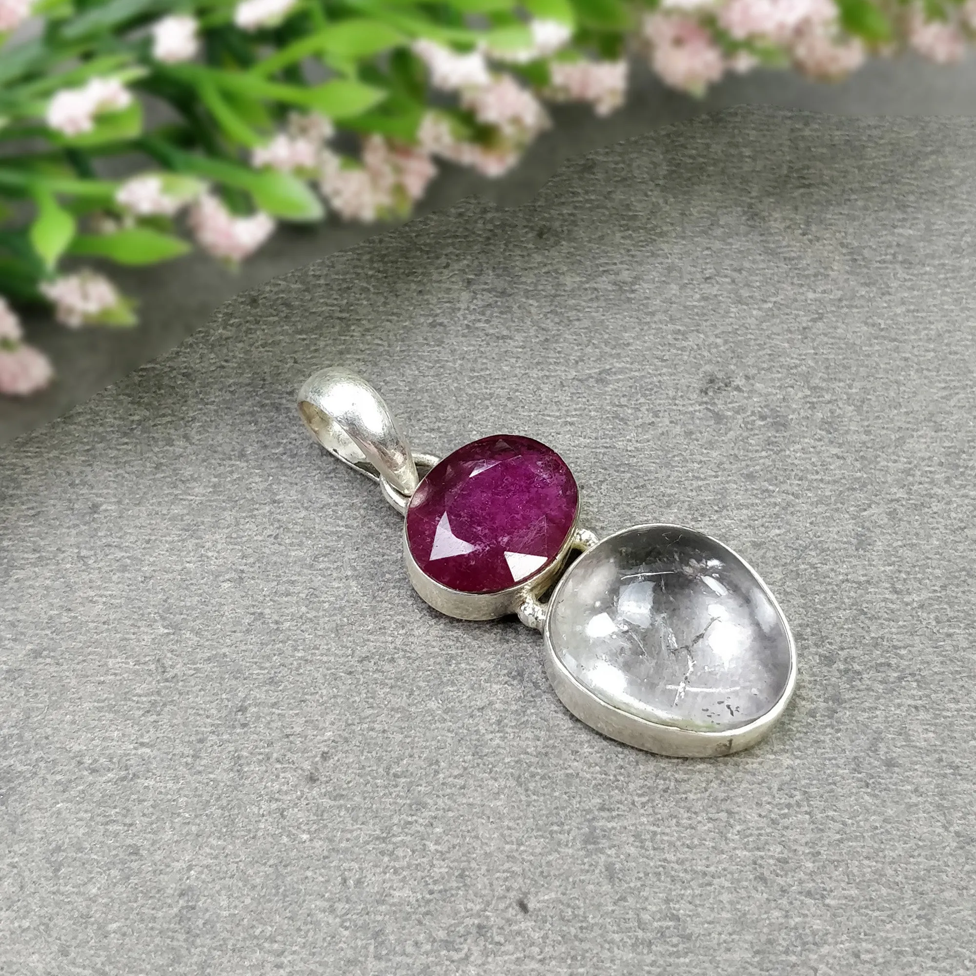 925 Sterling Silver PENDANT : Natural Amethyst & Glass Filled RED RUBY Gemstones Cabochon And Faceted Bezel Set Pendant 1.65"