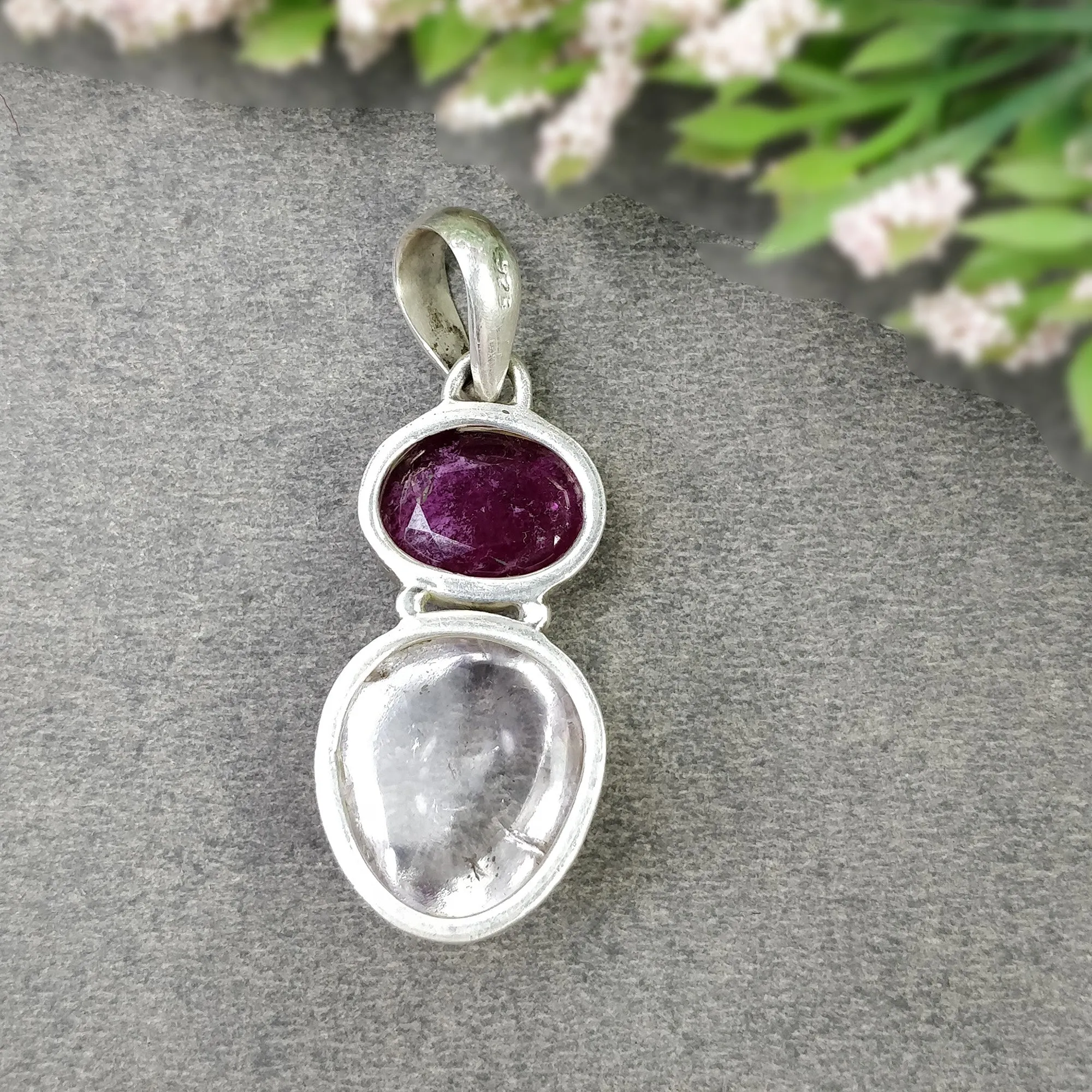 925 Sterling Silver PENDANT : Natural Amethyst & Glass Filled RED RUBY Gemstones Cabochon And Faceted Bezel Set Pendant 1.65"