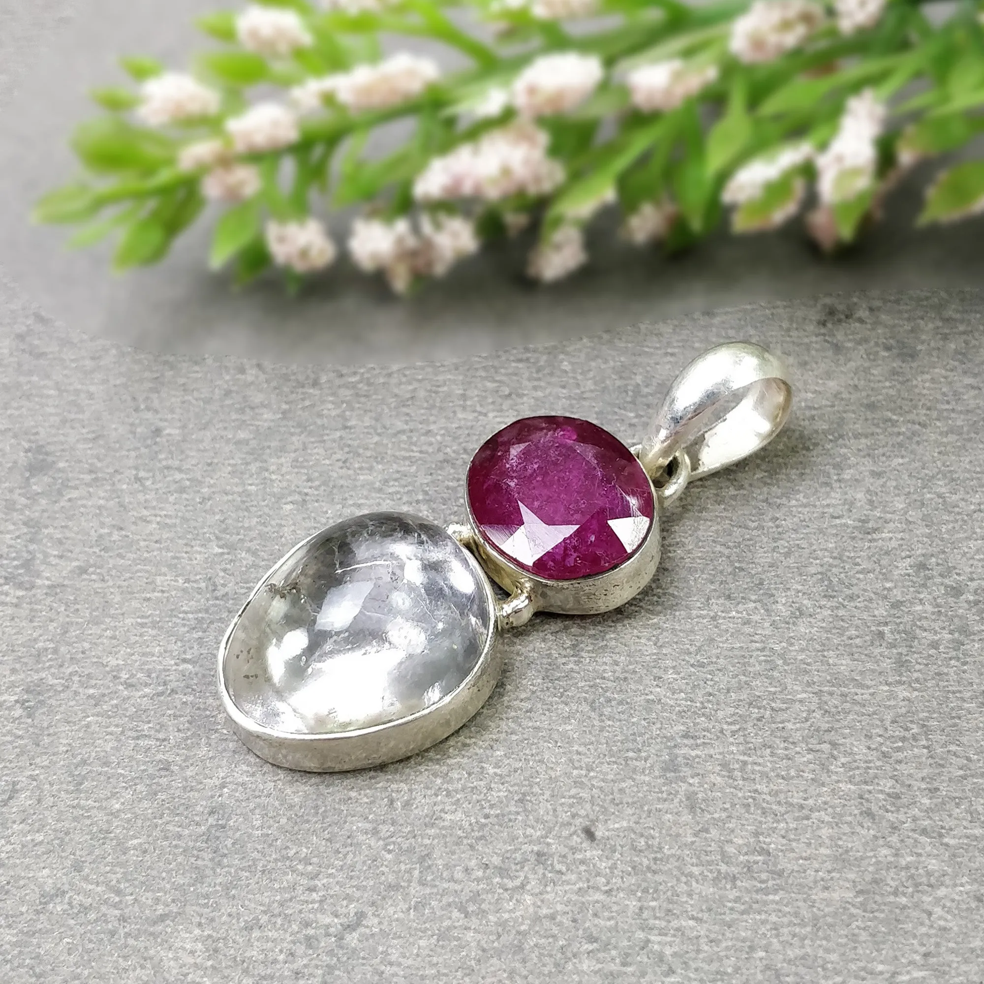 925 Sterling Silver PENDANT : Natural Amethyst & Glass Filled RED RUBY Gemstones Cabochon And Faceted Bezel Set Pendant 1.65"