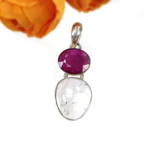 925 Sterling Silver PENDANT : Natural Amethyst & Glass Filled RED RUBY Gemstones Cabochon And Faceted Bezel Set Pendant 1.65"