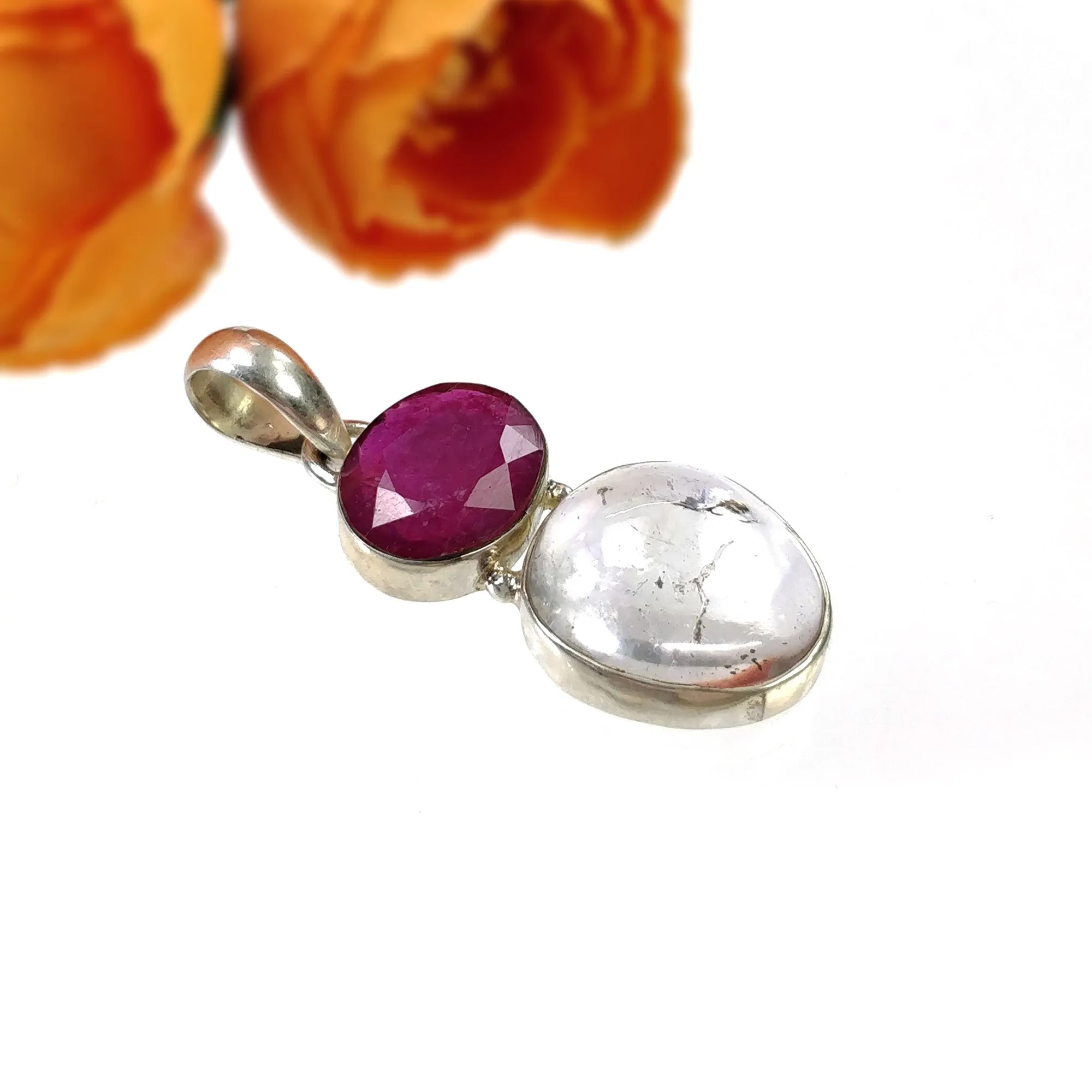 925 Sterling Silver PENDANT : Natural Amethyst & Glass Filled RED RUBY Gemstones Cabochon And Faceted Bezel Set Pendant 1.65"