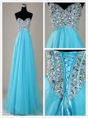 A Line Sweetheart Neck Blue Floor Length Long Prom Dresses, Formal Dresses