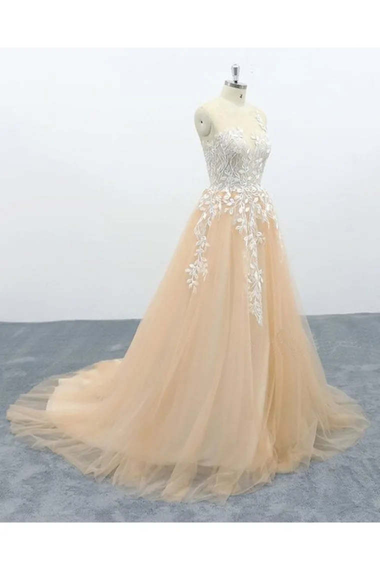 A Line Tulle Lace Appliques Sweep Train Evening Dress Senior Prom Dress,JL20121