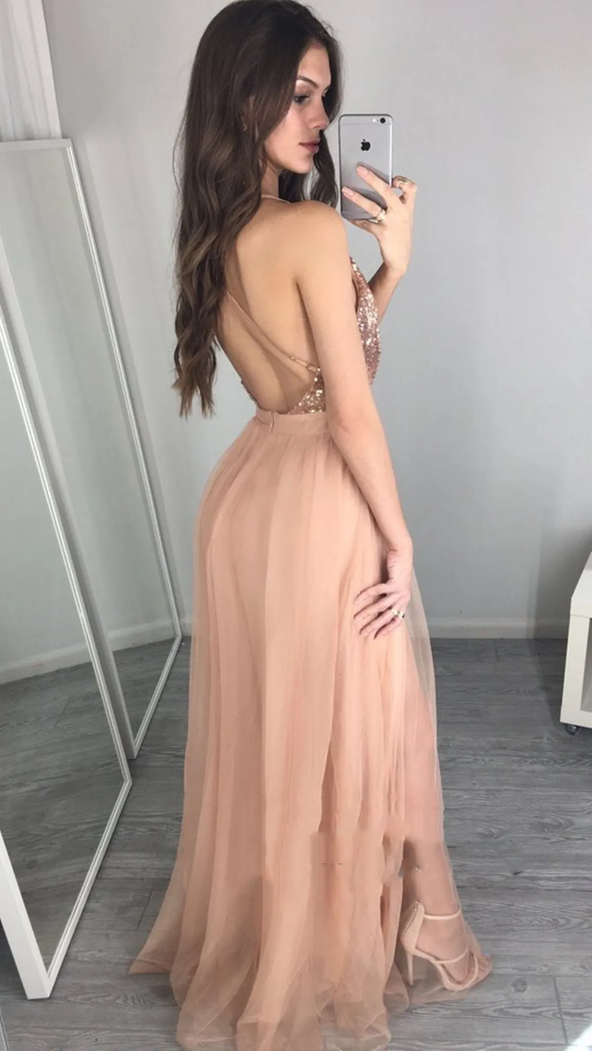 A Line V Neck Backless Tulle Prom Dress, Backless Formal Dress, Backless Evening Dress