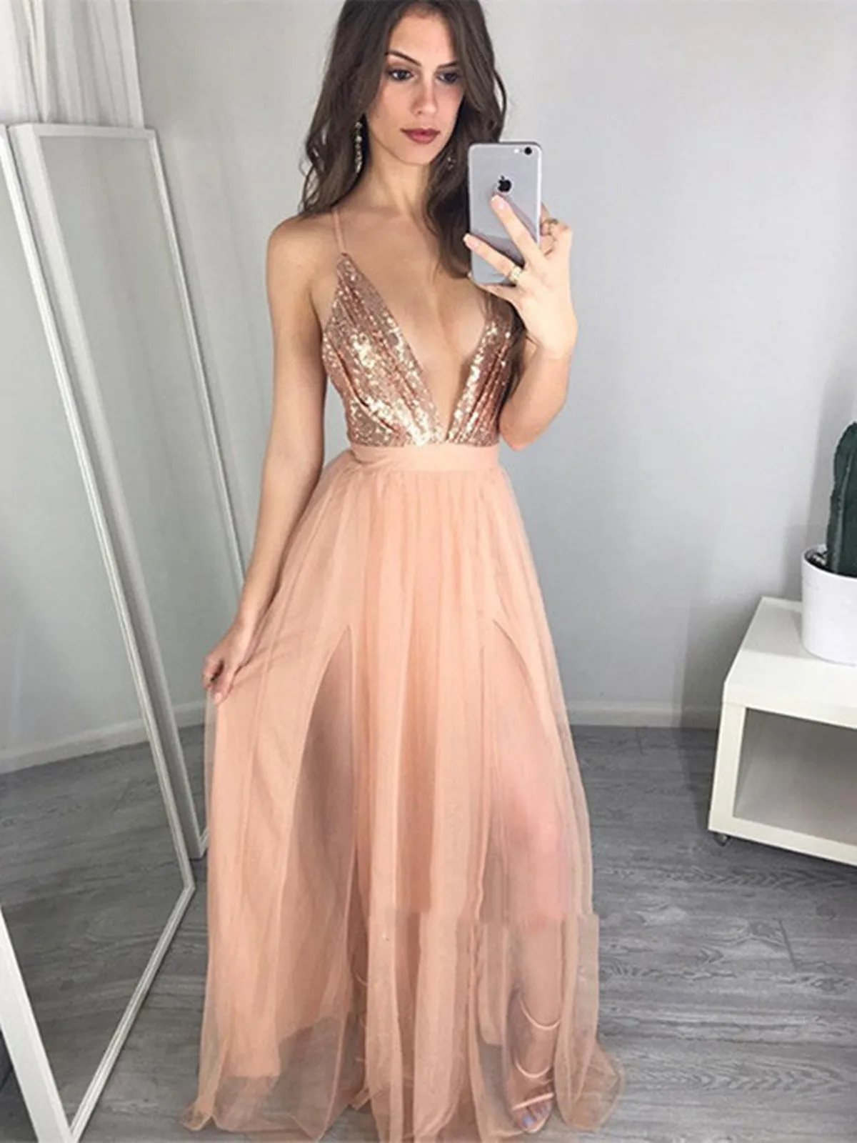 A Line V Neck Backless Tulle Prom Dress, Backless Formal Dress, Backless Evening Dress