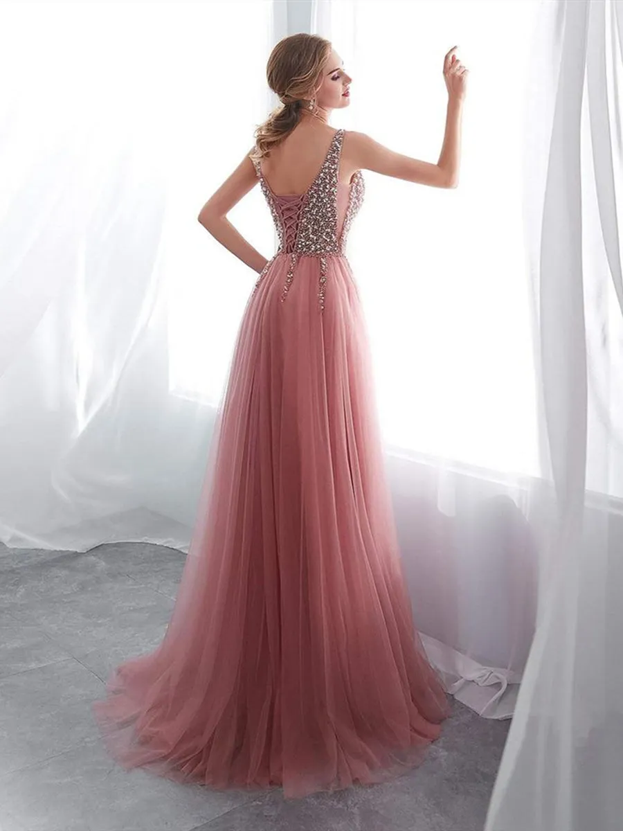 A Line V Neck Beaded Pink Tulle Long Prom Dresses with Corset Back High Slit, Pink V Neck Formal Dresses, Graduation Dresses