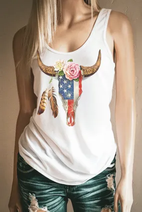 American Flag Bull Skull Racerback Tank Top