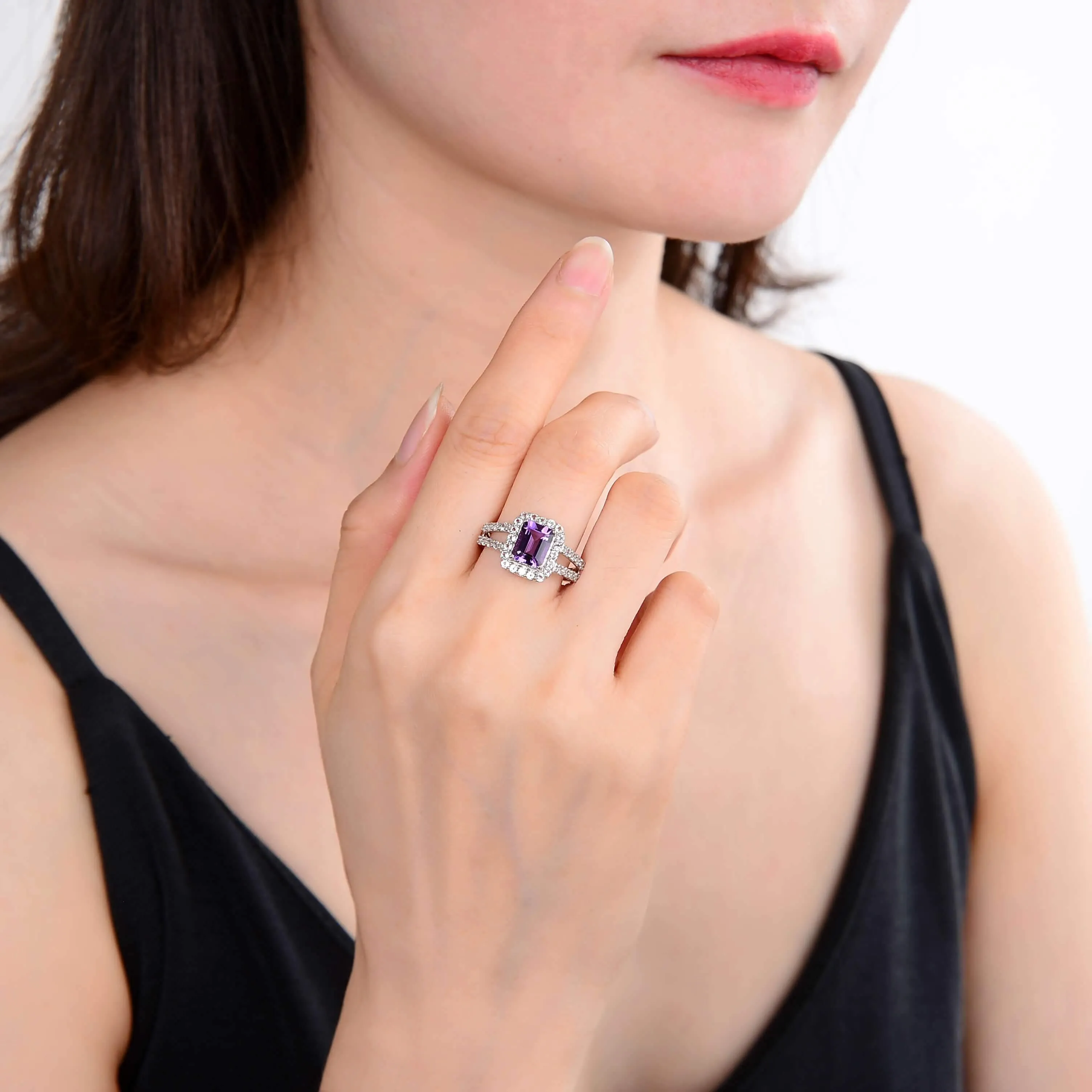 Amethyst Split Band Emerald Cut Ring