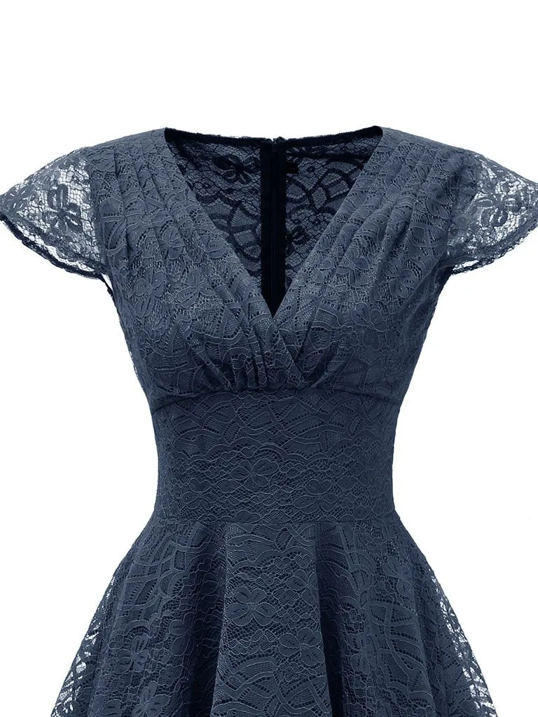 Autumn Lace Cap Sleeve V Neck 50s Party Dress