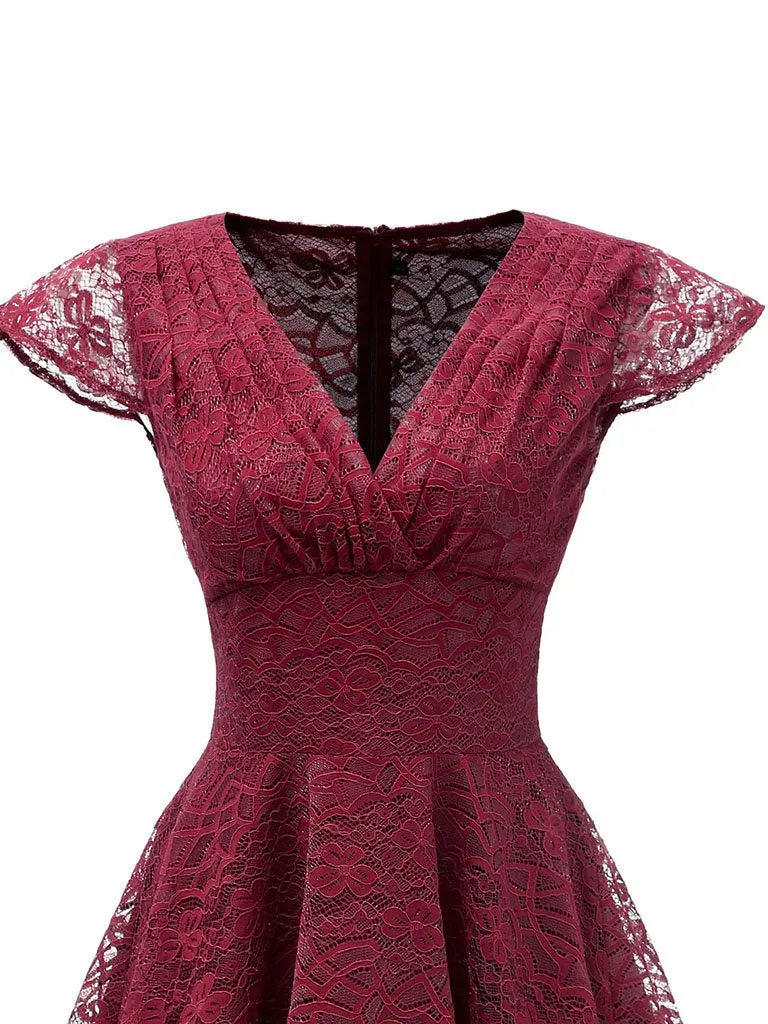 Autumn Lace Cap Sleeve V Neck 50s Party Dress