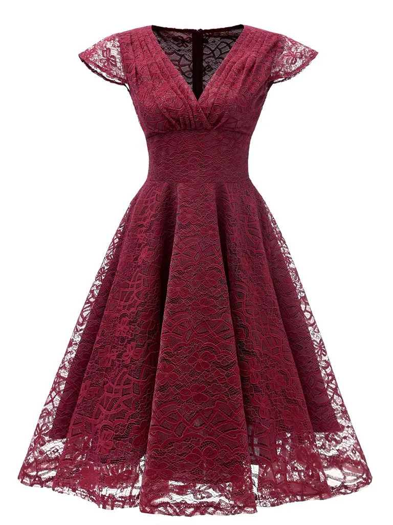 Autumn Lace Cap Sleeve V Neck 50s Party Dress