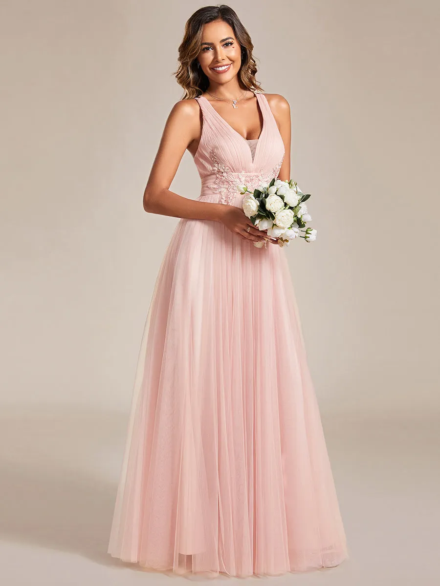 Backless V Neck Appliques Mesh Bridesmaid Dresses