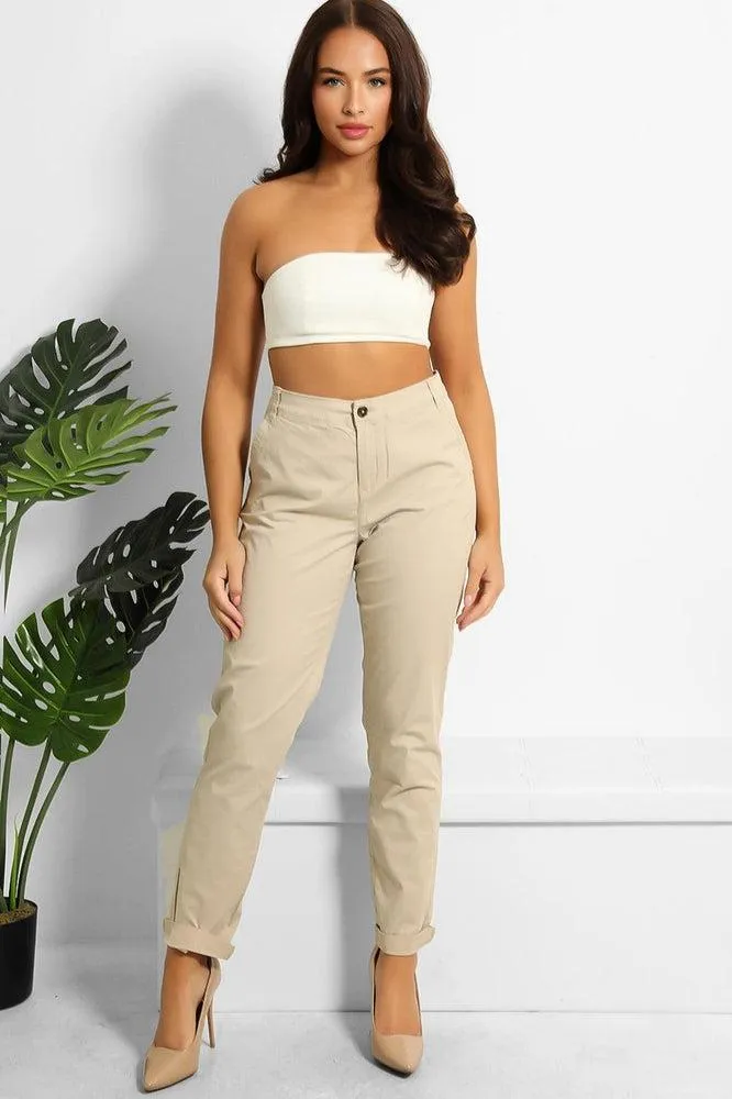 Beige Cotton Blend Rolled Up Hem Slacks