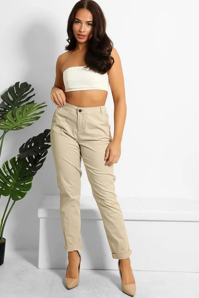 Beige Cotton Blend Rolled Up Hem Slacks