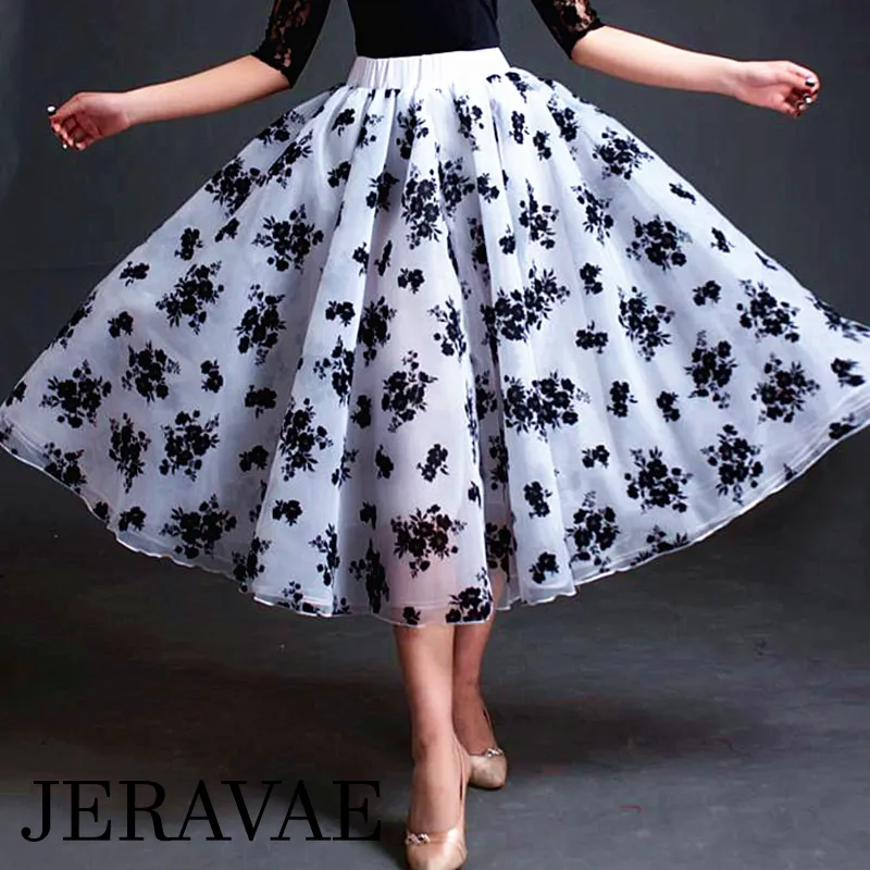 Black and White Floral Ballroom Practice Skirt with Bow Tie and Soft Hem Sizes S-4XL PRA 612