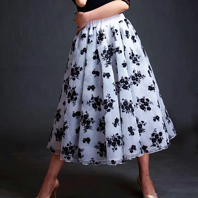 Black and White Floral Ballroom Practice Skirt with Bow Tie and Soft Hem Sizes S-4XL PRA 612