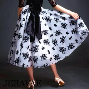 Black and White Floral Ballroom Practice Skirt with Bow Tie and Soft Hem Sizes S-4XL PRA 612