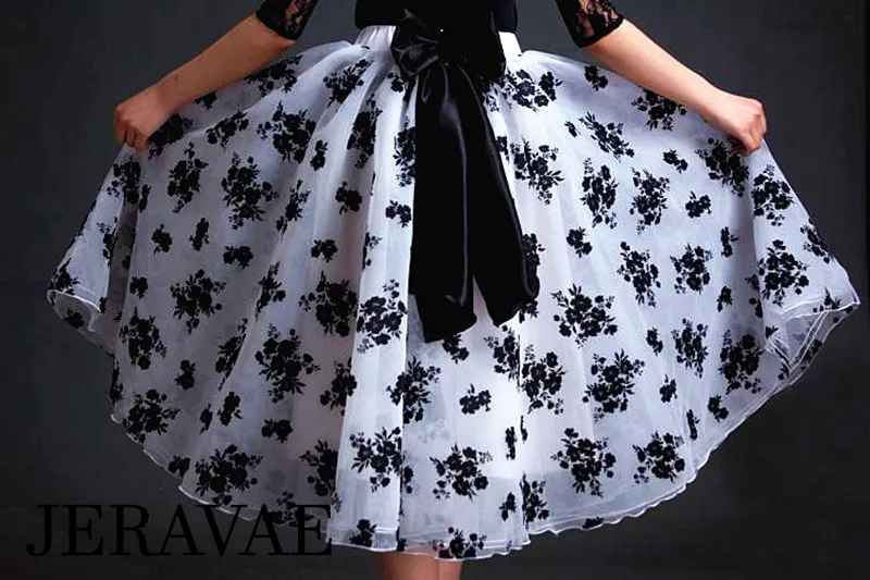 Black and White Floral Ballroom Practice Skirt with Bow Tie and Soft Hem Sizes S-4XL PRA 612