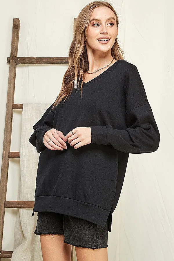 BLACK OVERSIZE V-NECK SWEATSHIRT TOP