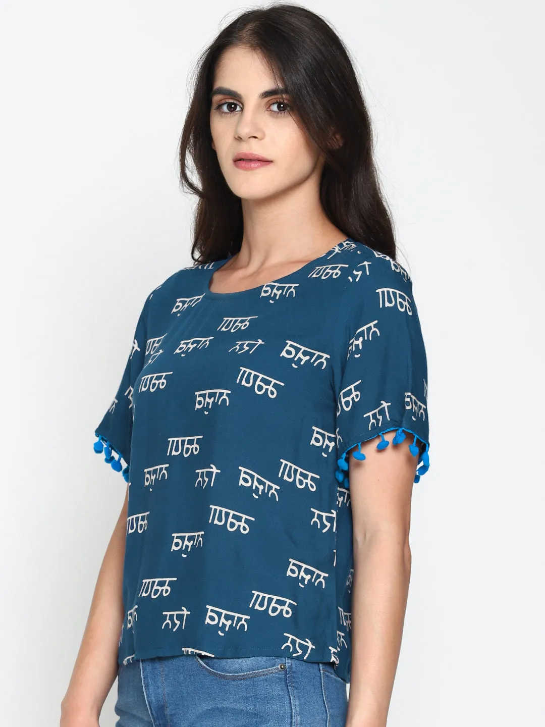 Blue Calligraphy Printed Top