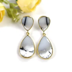 BOTSWANA AGATE Gemstone Earrings : 10.65gms Natural 925 Sterling Silver Gold Plated Bezel Set Drop Dangle Push Back Earring 2"