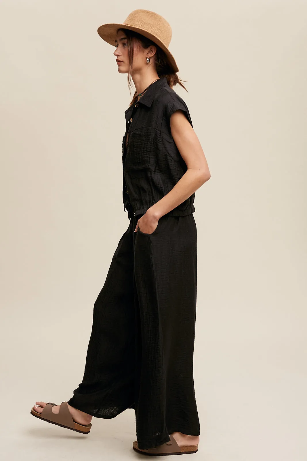 Button Down Top and Pleated Wide Leg Pants Set