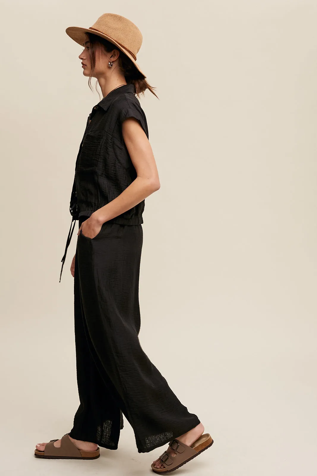 Button Down Top and Pleated Wide Leg Pants Set