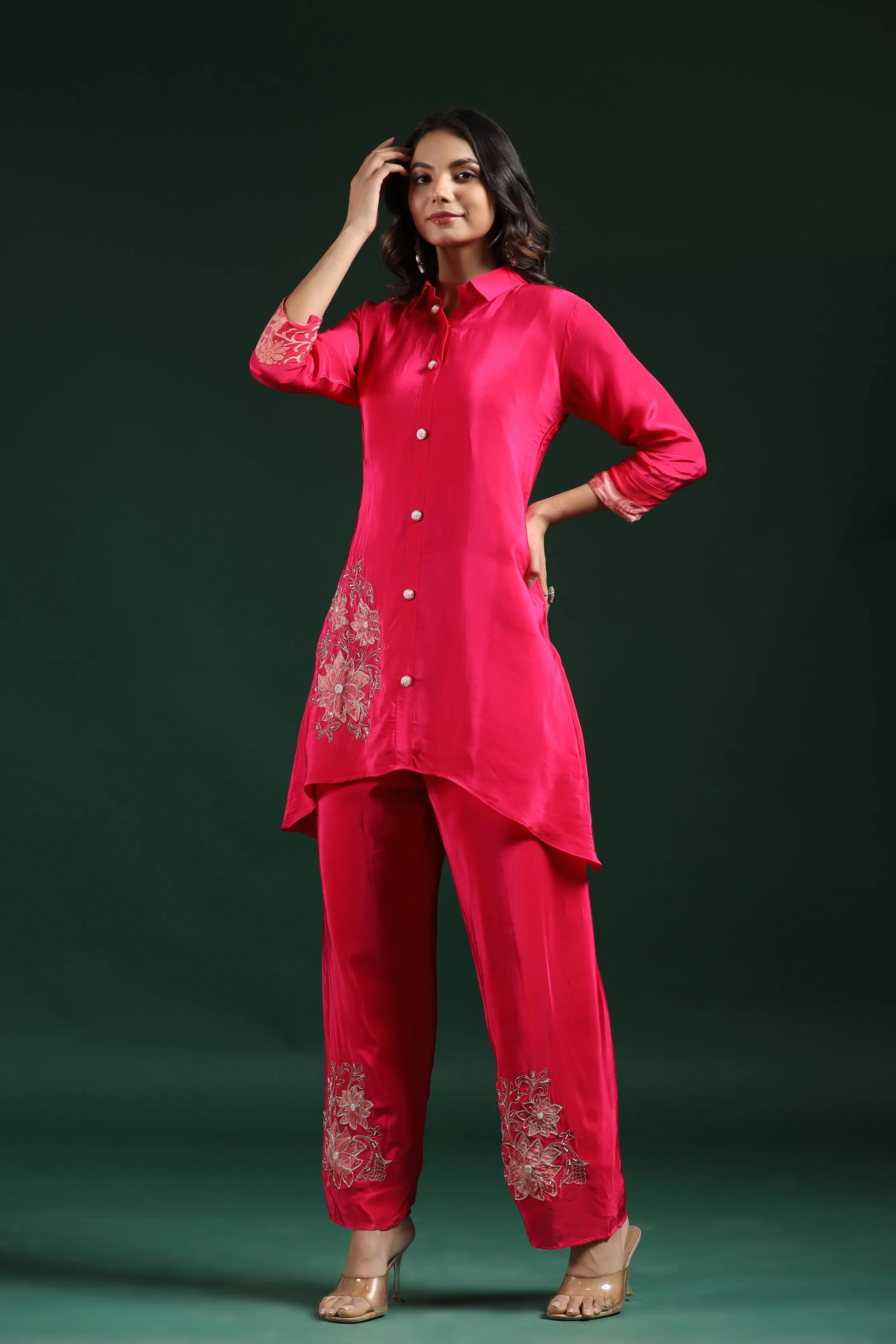 Cerise Pink Embellished Crepe Silk Co-Ord Set