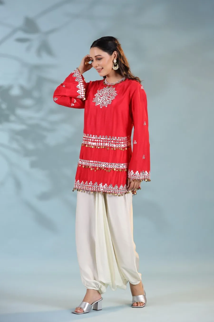 Cherry Red Mirror Embellished Tunic with Harem Pants