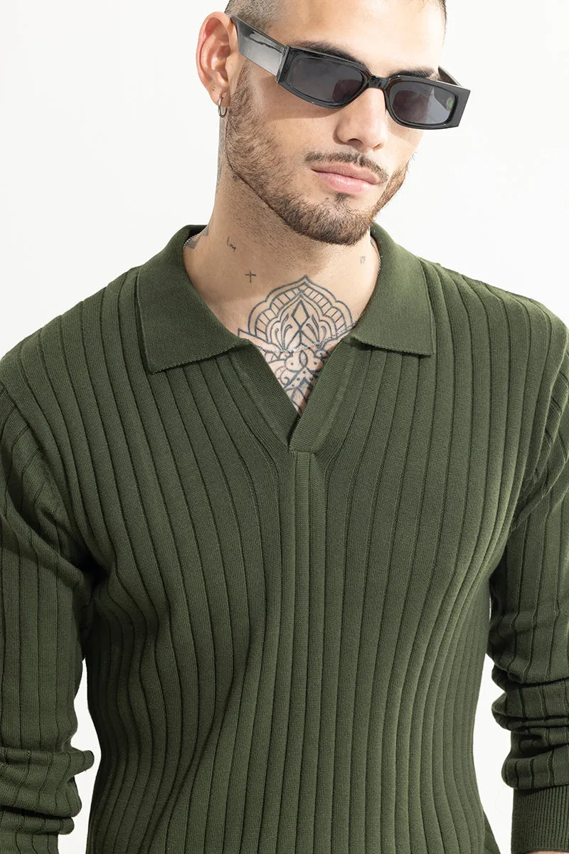 Chunky Ribbed Knitted Olive Polo T-Shirt