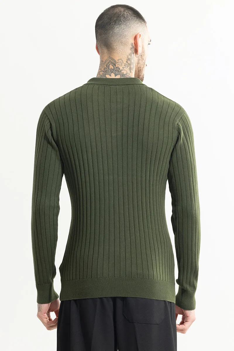 Chunky Ribbed Knitted Olive Polo T-Shirt