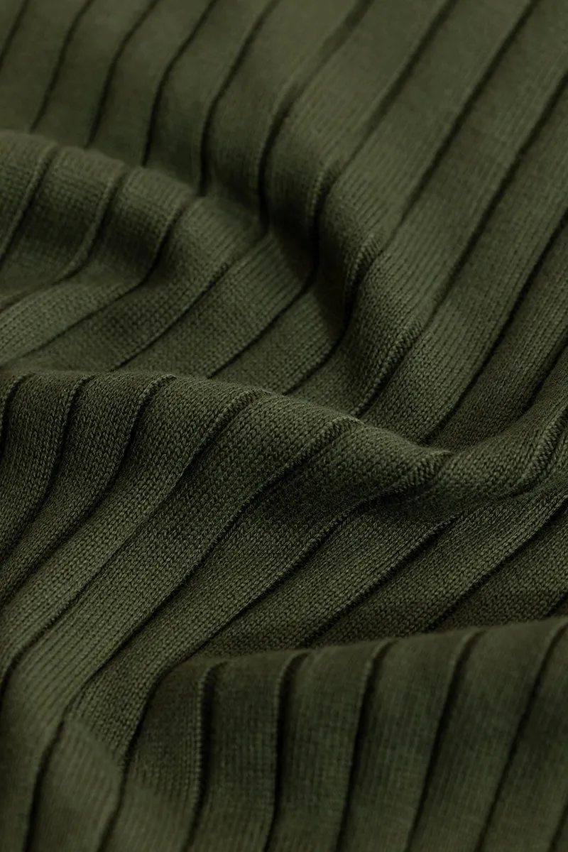 Chunky Ribbed Knitted Olive Polo T-Shirt