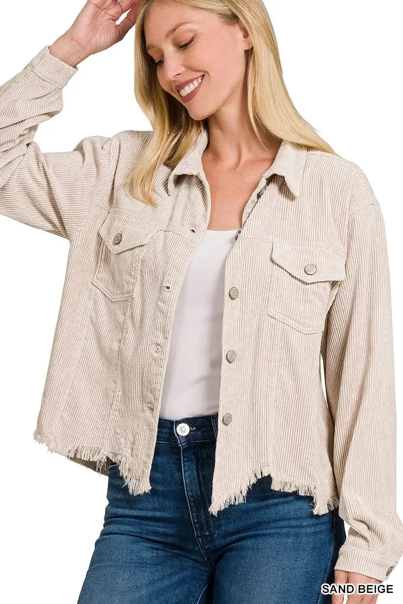 Corduroy Distressed Hem Cropped Jacket