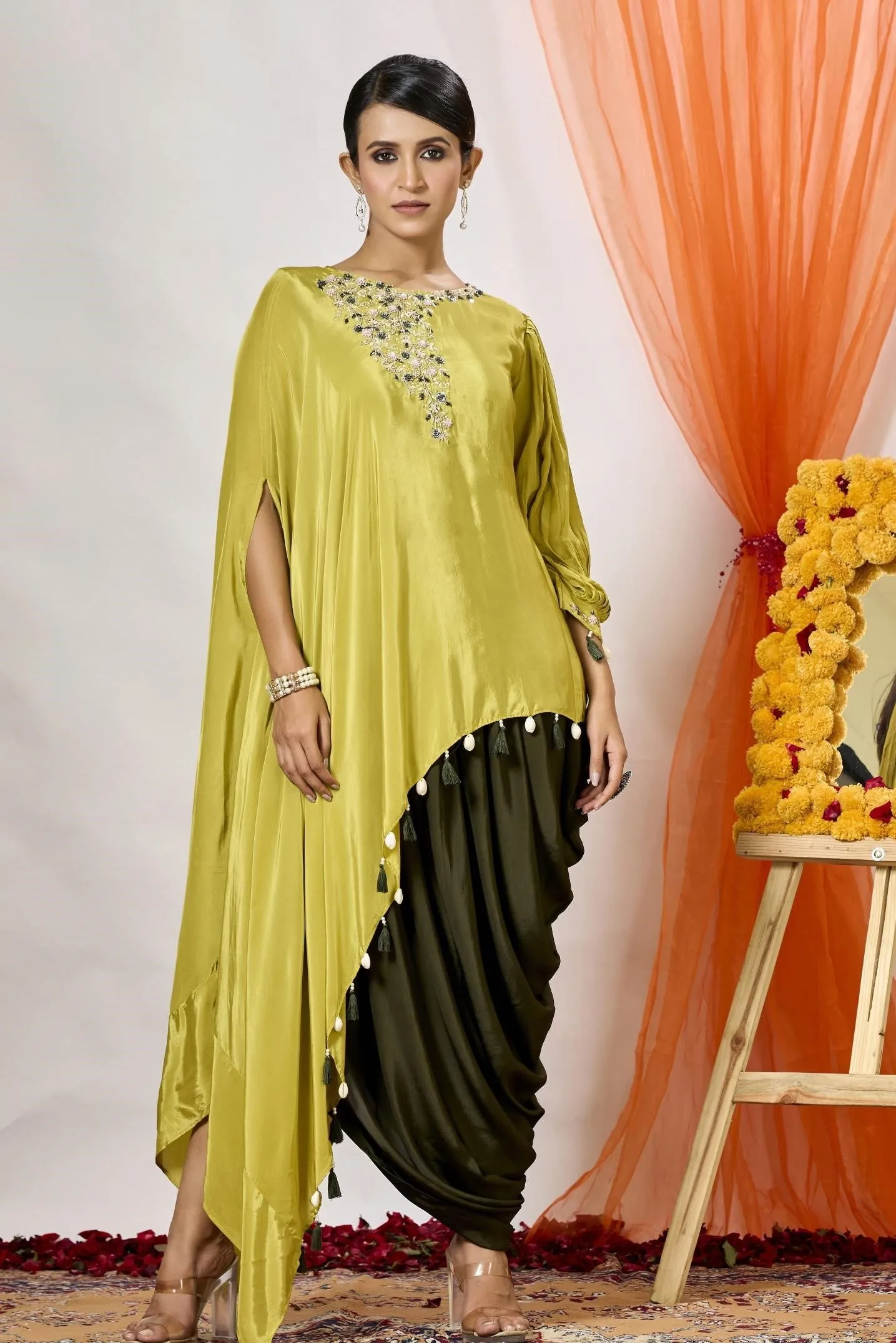 Corn Yellow Embellished Satin Silk Tunic & Dhoti Set