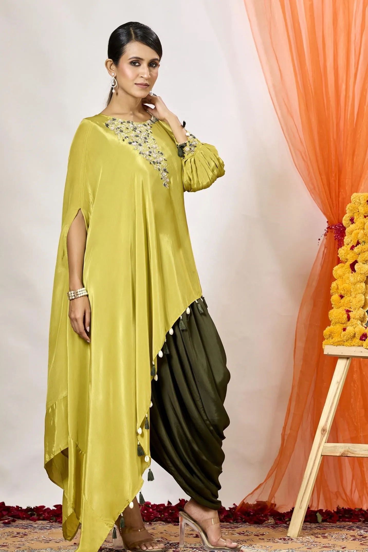 Corn Yellow Embellished Satin Silk Tunic & Dhoti Set