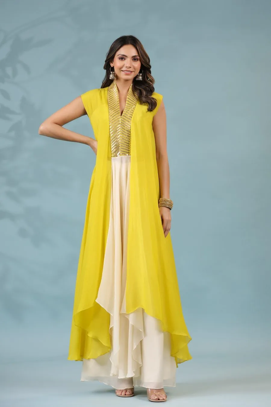 Corn Yellow Georgette Silk Tunic with Pants